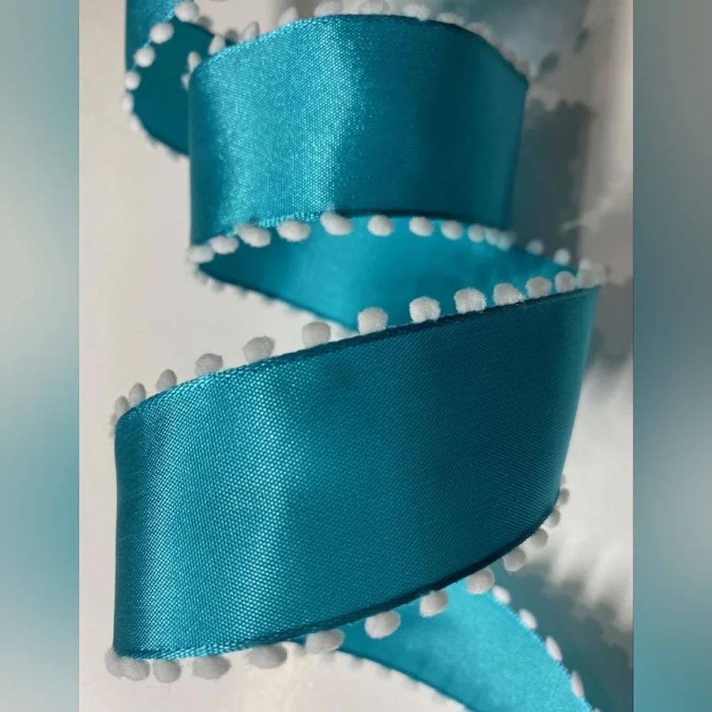 Ribbon Kirkland Wired Satiny Blue Teal Mini Pom Pom Edge 1.5